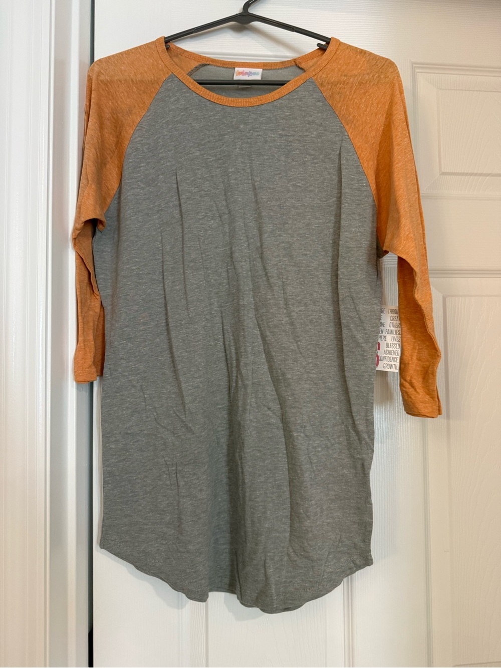 LuLaRoe Randy Gray Body with Orange Raglan Sleeves Tee